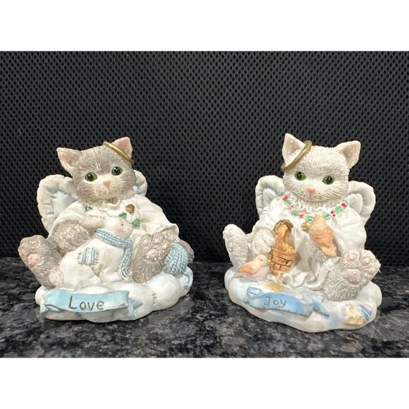 Set Of 2 Angel Cat Figurines With Halo - "Love" & "Joy" -Calico Kittens - Picture 1 of 13